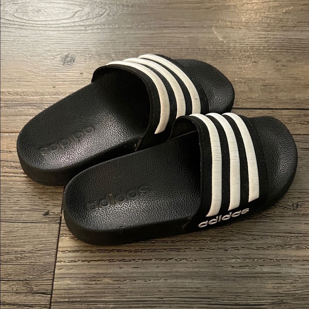 Adidas Kids Black Slides with White Stripes